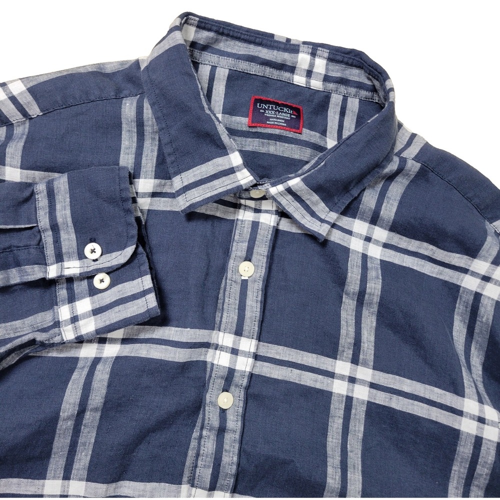 Untuckit Wrinkle Resistant Mens 3XL Gray Plaid Button Up Long Sleeve 100% Linen